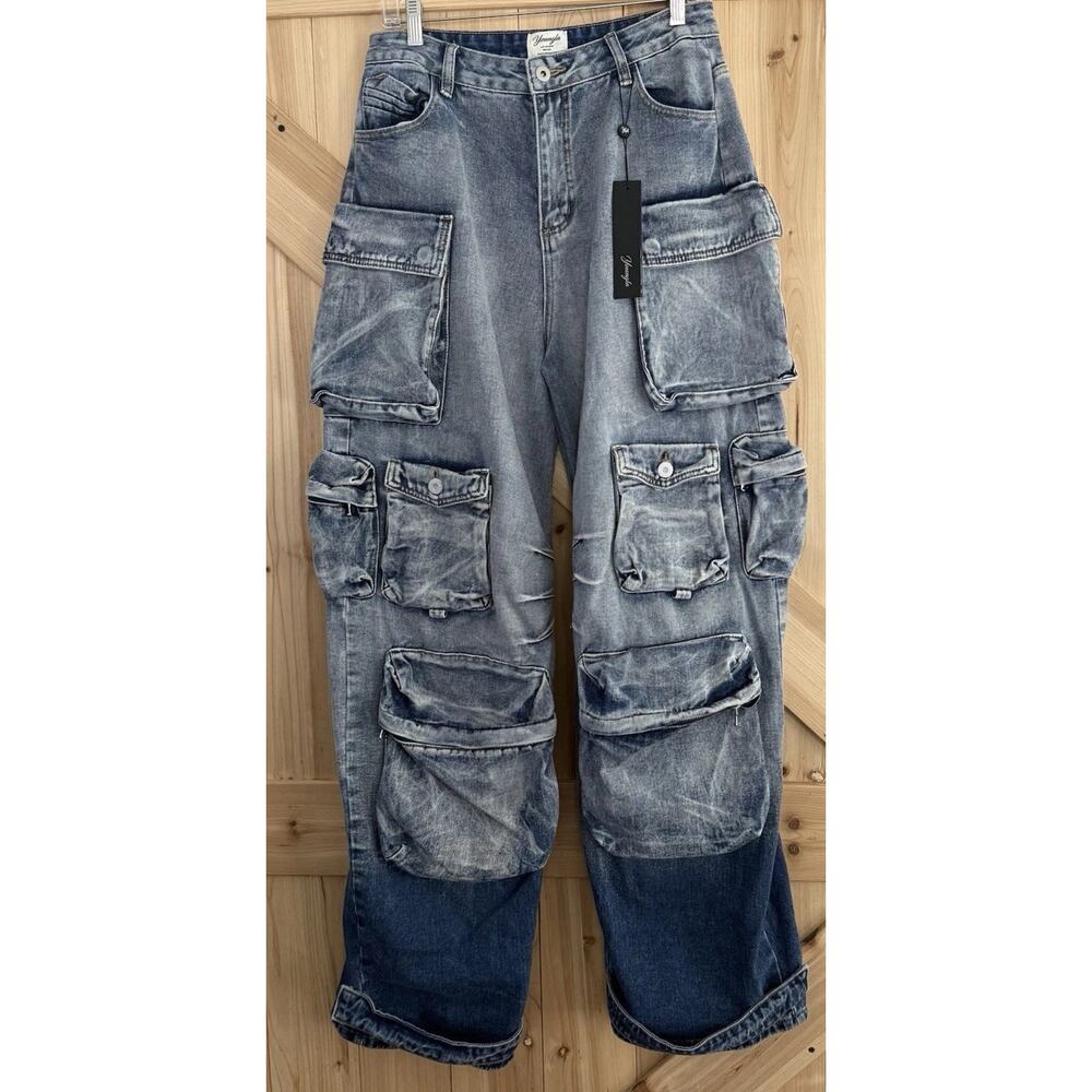 Youngla Carryall Hella Pocket Cargo Baggy Y2K Denim Two Tone Blue Jean Sz M